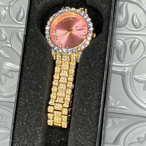 Roman numeral dial, high quality simulated diamonds pink face quartz watch
